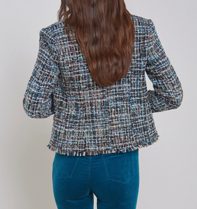 L'Agence Brooke Blazer Fringe Womens 14 Blue Tweed Tailored Double Breasted