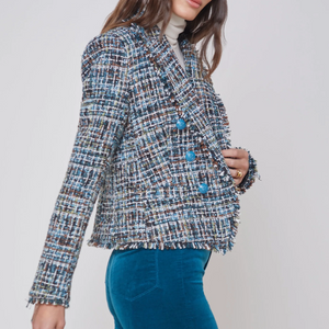 L'Agence Brooke Blazer Fringe Womens 14 Blue Tweed Tailored Double Breasted