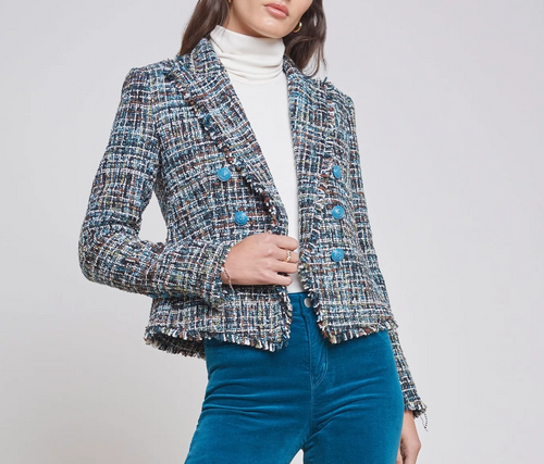 L'Agence Brooke Blazer Fringe Womens 14 Blue Tweed Tailored Double Breasted