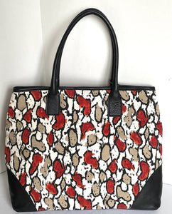 Laura Dimaggio Red Foral Print Canvas Leather Large Beige Tote Shoulder Bag