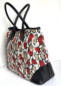 Laura Dimaggio Red Foral Print Canvas Leather Large Beige Tote Shoulder Bag