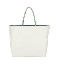 Load image into Gallery viewer, An off-white canvas tote bag with thick, twisted green rope handles, shown against a plain white background.