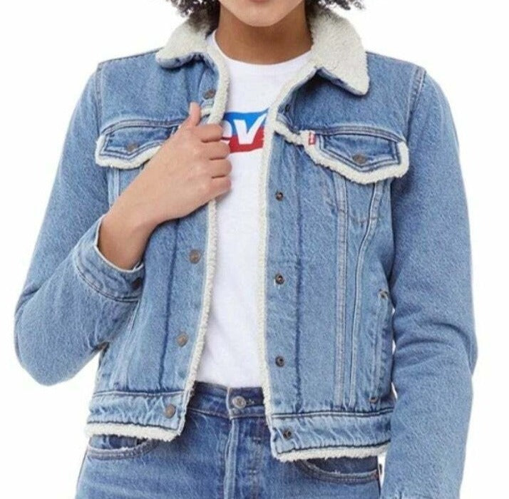 Levis Women’s Trucker Faux Shearling Collar Lining Denim Blue Jacket - XL