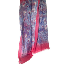 Load image into Gallery viewer, Scarf with peacock feather pattern in red and blue on a white background