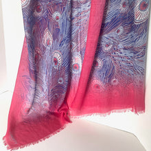 Load image into Gallery viewer, Scarf with peacock feather pattern in pink and blue on a white background