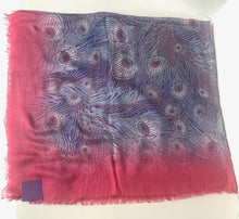 Load image into Gallery viewer, Scarf with peacock feather pattern transitioning from red to blue on a white background