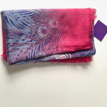 Load image into Gallery viewer, Pink and blue patterned scarf with a visible brand tag on a white background