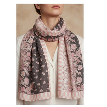 Load image into Gallery viewer, Woman wearing a floral and checkered scarf on a beige background