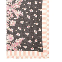 Load image into Gallery viewer, Floral patterned fabric with pink and white stripes on a dark background