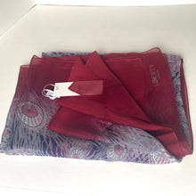 Load image into Gallery viewer, Red scarf with peacock feather pattern on a white background