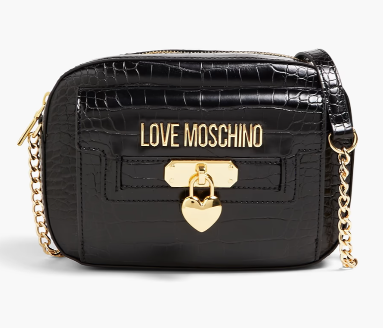 Love Moschino Crossbody Heart Lock Camera Bag Womens Small Black Croc