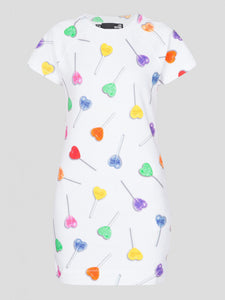 Love Moschino Dress Womens 2 White Tee Short Sleeve Lollipop Fleece Cotton (IT38)