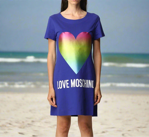 Love Moschino Dress Womens Blue Mini T-Shirt Metallic Heart Print Cotton-Jersey