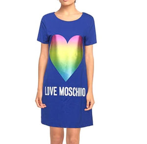 Love Moschino Dress Womens Blue Mini T-Shirt Metallic Heart Print Cotton-Jersey