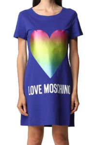 Love Moschino Dress Womens Blue Mini T-Shirt Metallic Heart Print Cotton-Jersey