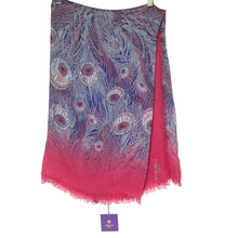 Load image into Gallery viewer, Scarf with peacock feather pattern hanging on a rack
