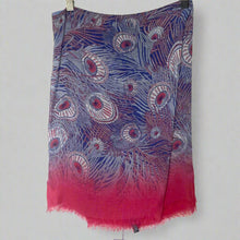 Load image into Gallery viewer, Scarf with peacock feather pattern in blue and red on a white background