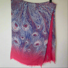 Load image into Gallery viewer, Scarf with peacock feather pattern in purple and pink on a white background