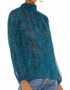 MISA Shirt Womens Large Blue Tie Neck Puff-Sleeve Snake-Print Lulu Chiffon Top