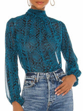 Load image into Gallery viewer, MISA Shirt Womens Large Blue Tie Neck Puff-Sleeve Snake-Print Lulu Chiffon Top