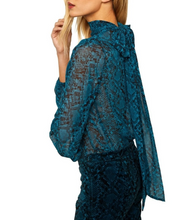 Load image into Gallery viewer, MISA Shirt Womens Large Blue Tie Neck Puff-Sleeve Snake-Print Lulu Chiffon Top