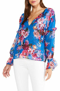 MISA Top Womens Extra Large Blue V-Neck Long Sleeve Floral Capriana Organza