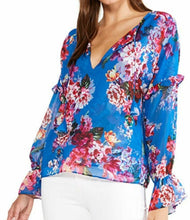 Load image into Gallery viewer, MISA Top Womens Extra Large Blue V-Neck Long Sleeve Floral Capriana Organza