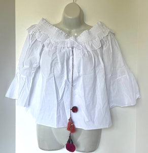 MISA Womens Small White Cotton Off Shoulder Boho Crop Top Bell Sleeve