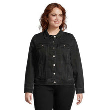 Load image into Gallery viewer, Woman wearing a black denim jacket on a white background