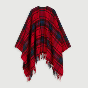 Maje Poncho Wrap Large Red Plaid Wool blend Womens Fringed One Size