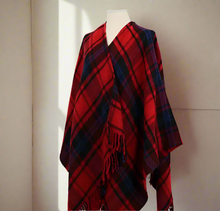Load image into Gallery viewer, Maje Poncho Wrap Plaid Wool blend Womens Large Red Fringed One Size Cover Up