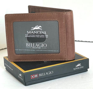 Mancini Wallet Money Clip Mens Brown Leather Bifold RFID ID Card Case Slim