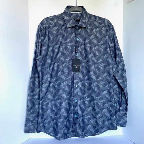 Masutto Leandro 92 Shirt Mens Medium Gray Leaf Print Button Up Dress Semi Fit