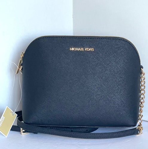 Michael Kors Cindy Large Black Dome Saffiano Leather Crossbody Bag Gold Zip