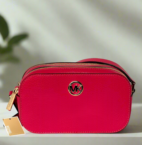 Michael Kors Fulton Double Zip Leather Crossbody Small Pink Red Shoulder Bag