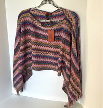 Load image into Gallery viewer, Multicolored zigzag patterned sweater on a hanger with a visible tag.