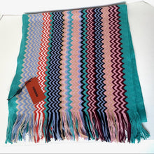 Load image into Gallery viewer, MissoniWoolBlendFringeScarfChevronZigzagBluePink18x72Long_5