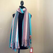 Load image into Gallery viewer, MissoniWoolBlendFringeScarfChevronZigzagBluePink18x72Long_5