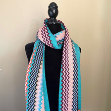 Load image into Gallery viewer, MissoniWoolBlendFringeScarfChevronZigzagBluePink18x72Long_5