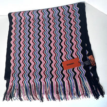 Load image into Gallery viewer, Missoni Wool Blend Fringe Scarf Chevron Zigzag Black Blue 18x72 Long