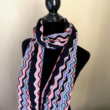 Load image into Gallery viewer, Missoni Wool Blend Fringe Scarf Chevron Zigzag Black Blue 18x72 Long