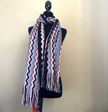Load image into Gallery viewer, Missoni Wool Blend Fringe Scarf Chevron Zigzag Black Blue 18x72 Long