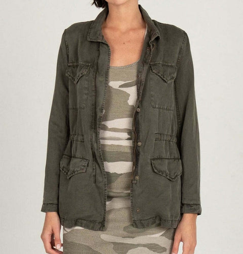 Monrow Jacket Womens Medium Green Military Snap Button Drawstring Waist Utility