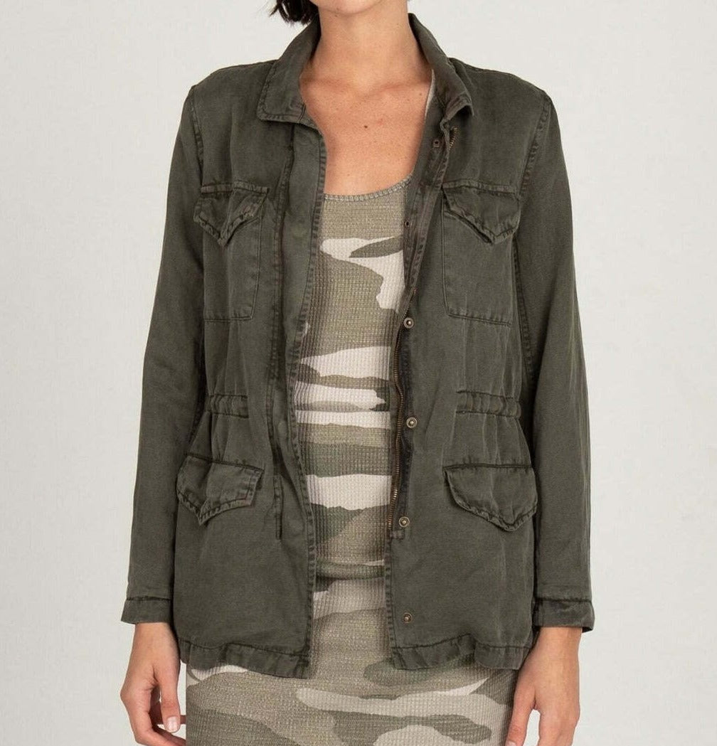 Monrow Jacket Womens Medium Green Military Snap Button Drawstring Waist Utility