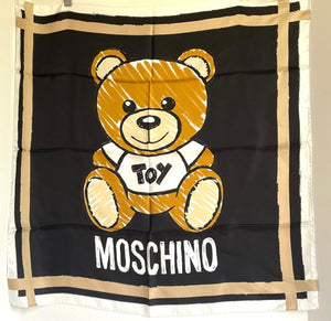 Moschino Teddy Bear Toy Scarf Silk Womens Square Black 26x26 Boutique