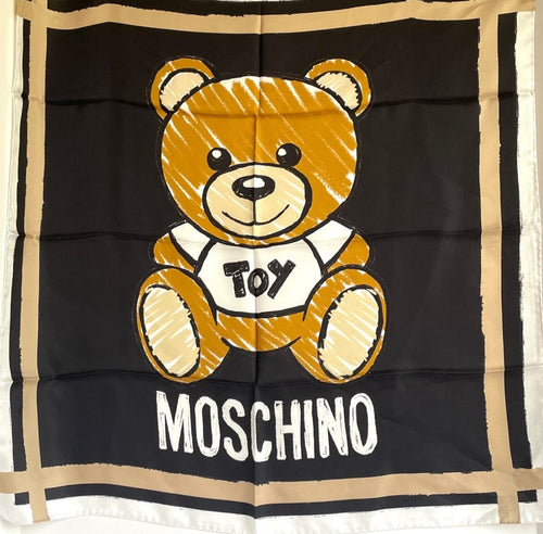 Moschino Scarf Silk Womens Square Black Teddy Bear Toy  26x26 Boutique