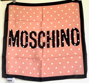 Moschino Scarf Silk Womens Square Pink Polka Dot Logo Boutique 19X19