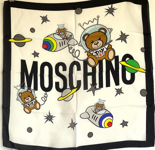 Moschino Scarf Silk Womens Square Teddy Bear Astronaut Spaceship Logo 19X19