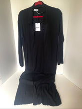 Load image into Gallery viewer, A black long-sleeve cardigan or lightweight coat with a wide collar, hanging on a red hanger with a white tag, set against a plain white corner background.