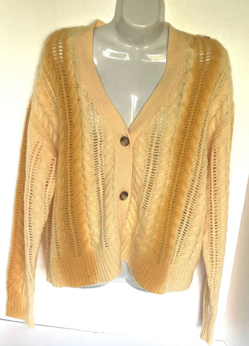 Naadam Cashmere Cardigan Large Yellow Lofty Cable Knit Yellow V-Neck Ombre